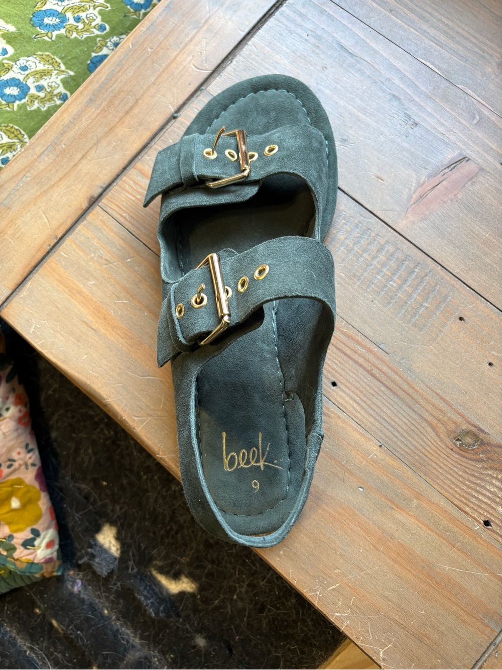 beek Kids Suede Double-Buckle Sandals in Slate Blue with Gold Buckles - Picture 5 of 5